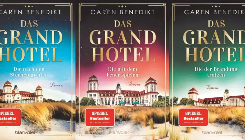 Drei Buchcover von Caren Benedikt: "Das Grand Hotel" – die Reihe, die die Spannung steigert. Erscheint bald!