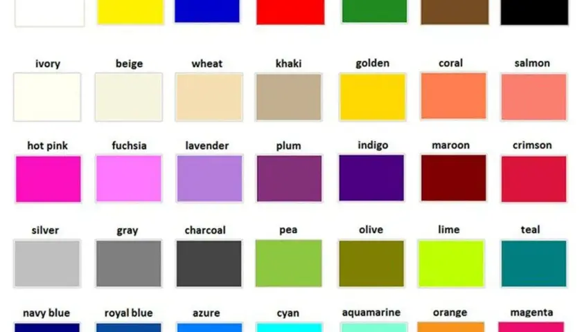 Una griglia di campioni di colori, con nomi in inglese come "white", "yellow", "blue", "red", "green", "brown", "black", ecc.