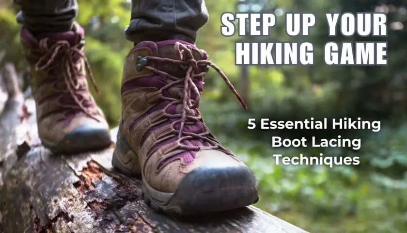 Close-up of hiking boots with purple accents and laces, stepping on a log. Learn 5 essential hiking boot lacing techniques to step up your hiking game.