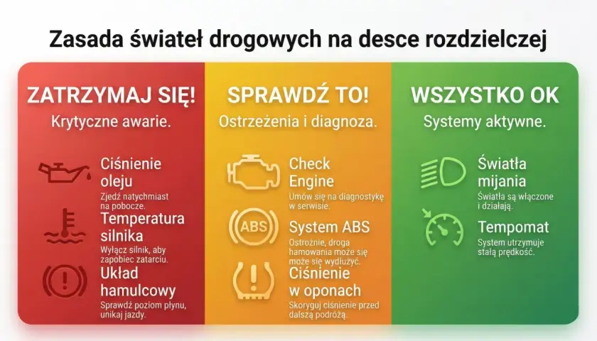 Grafika przedstawia trzy kolumny: czerwoną (zatrzymaj się), żółtą (sprawdź) i zieloną (wszystko ok) z ikonami i opisami kontrolek na desce rozdzielczej.
