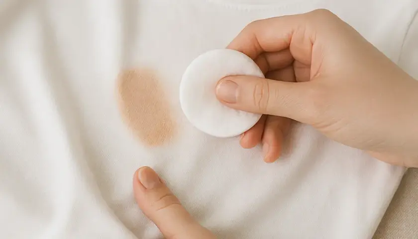 Mano aplicando disco de algodón sobre mancha de maquillaje en camiseta blanca. Aprende como quitar manchas de maquillaje de la ropa.