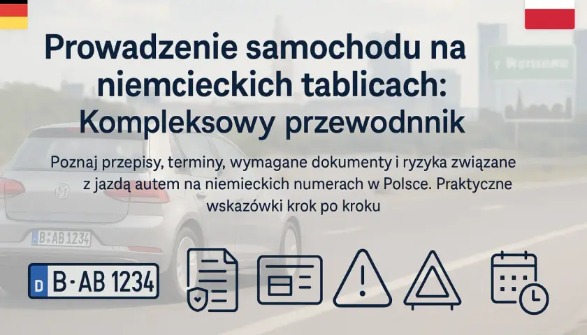 Przewodnik po przepisach, dokumentach i ryzyku związanym z tym, czy można jeździć na niemieckich blachach w Polsce. Ikony symbolizują dokumenty, ostrzeżenia i terminy.