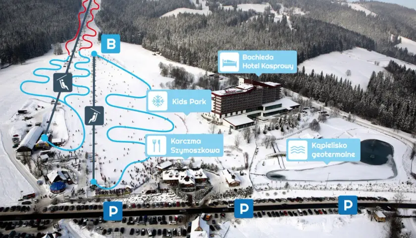 Widok na zakopane stok narciarski z trasami, wyciągami, hotelem Bachleda, karczmą i basenem geotermalnym.