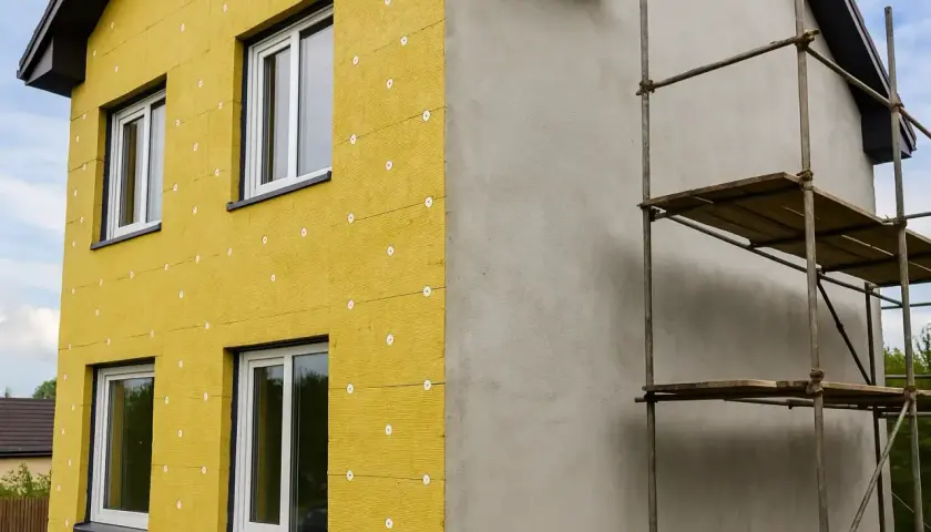 Edificio in fase di isolamento con cappotto termico giallo. L'estate è il momento ideale per questi lavori che garantiscono comfort e risparmio energetico.