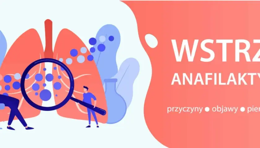 Ilustracja przedstawia wstrząs anafilaktyczny. Widać płuca, ludzi i lupę. Wstrząs anafilaktyczny wymaga szybkiej interwencji, często z użyciem epinefryny.