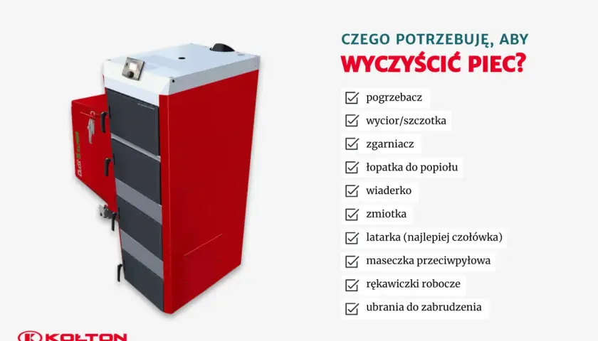 Czerwony piec na ekogroszek i lista rzeczy potrzebnych, by wyczyścić piec: pogrzebacz, szczotka, łopatka, wiaderko.