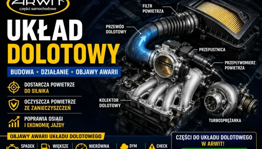 Schemat układu dolotowego silnika z turbosprężarką. Pokazuje przepływ powietrza przez filtr, przewód dolotowy, przepustnicę i kolektor.
