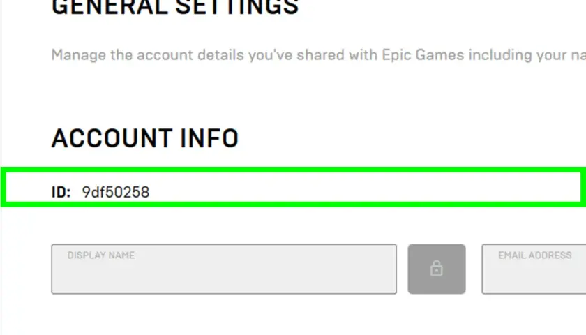 Epic Games Leak: Account-ID 9df50258 in den allgemeinen Einstellungen.
