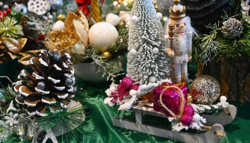 Noel to czas cudów! Na sankach z orzechem, choinka, szyszki i błyszczące ozdoby.