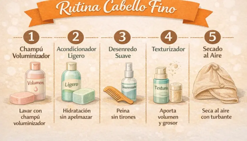 Rutina para cabello fino y encrespado: champú voluminizador, acondicionador ligero, desenredante, texturizador y secado con turbante.