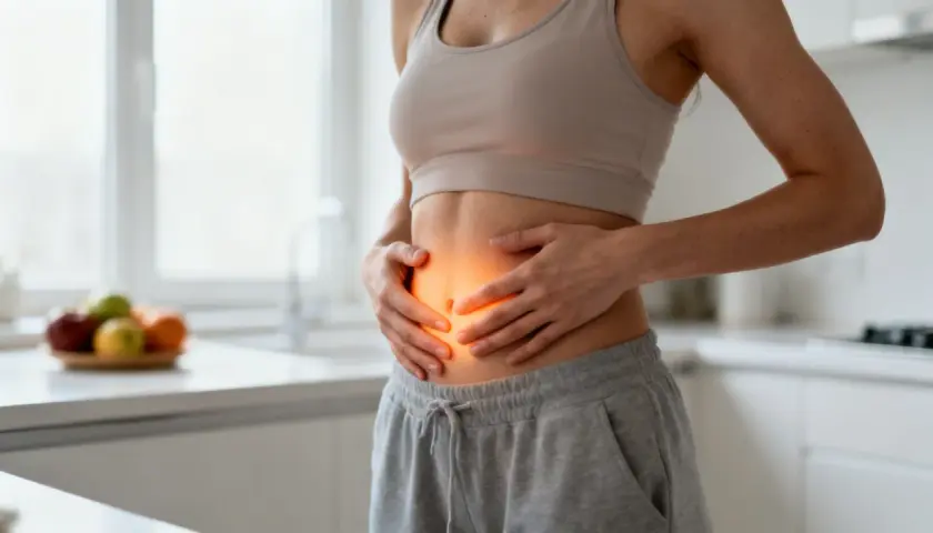 Kobieta trzyma się za brzuch, gdzie widoczny jest pomarańczowy blask. Zastanawiasz się, metabolizm co to? To klucz do zdrowia.