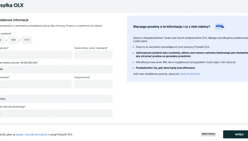 Formularz do uzupełnienia danych do Przesyłki OLX: data urodzenia, adres, numer telefonu i konta bankowego.