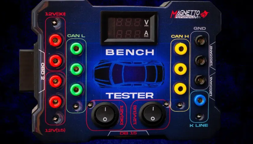 Niebieski tester samochodowy z portami OBD2, CAN L, CAN H, K-Line i złączami zasilania. Wyświetlacz pokazuje napięcie i prąd. Idealny do diagnostyki magistrali CAN.