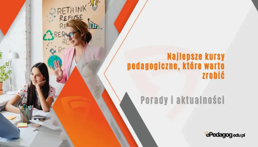 Nauczycielka w różowej marynarce i uczennica przy biurku, obok tablica z napisem "Rethink".