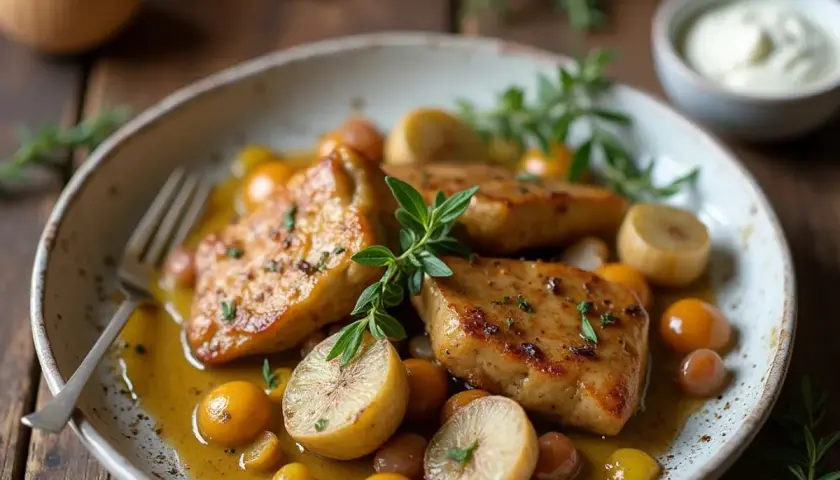 Délicieux sauté de dinde, servi avec des tomates cerises et des quartiers de citron, garni de persil frais. Un plat savoureux et coloré.