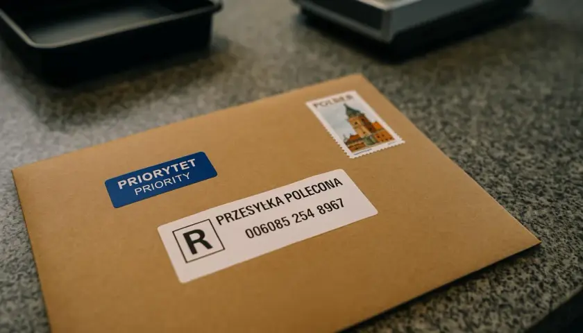 Brązowa koperta z naklejką "PRIORYTET PRIORITY" i etykietą "PRZESYŁKA POLECONA" z numerem. Czy przesyłka polecona to list? Tak, to list polecony.