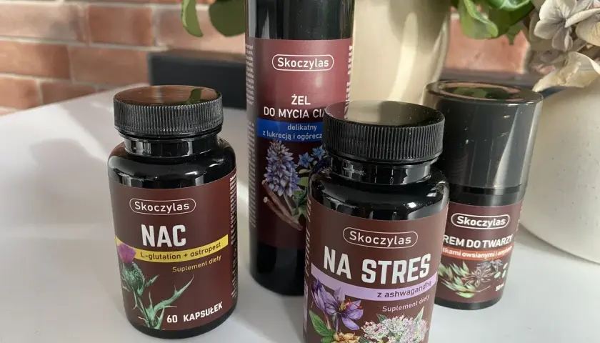 Skoczylas NAC z L-glutationem i ostropestem, żel do mycia, krem do twarzy i suplement na stres.