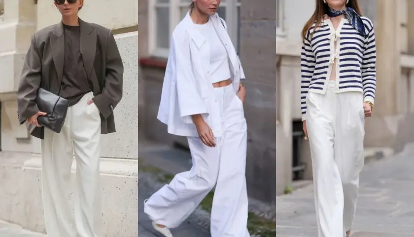 Trzy kobiety prezentują białe spodnie w eleganckich stylizacjach. Jedna w brązowej marynarce, druga w białym komplecie, trzecia w granatowo-białym sweterku.