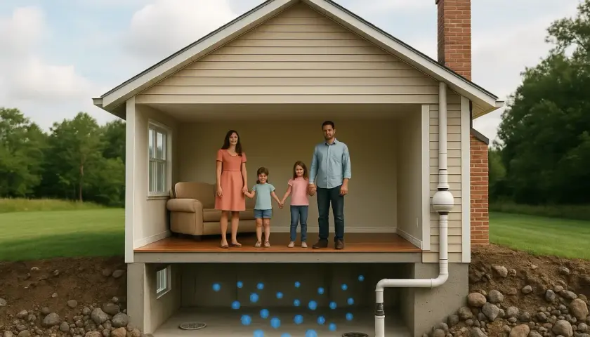 Familia en casa con sistema de mitigación de **radón que es** un gas invisible y peligroso.