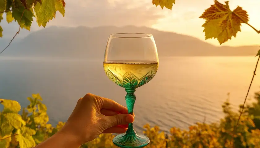 Ein Glas Weißwein, vielleicht von der Lugana rebsorte, vor malerischer See- und Bergkulisse bei Sonnenuntergang.