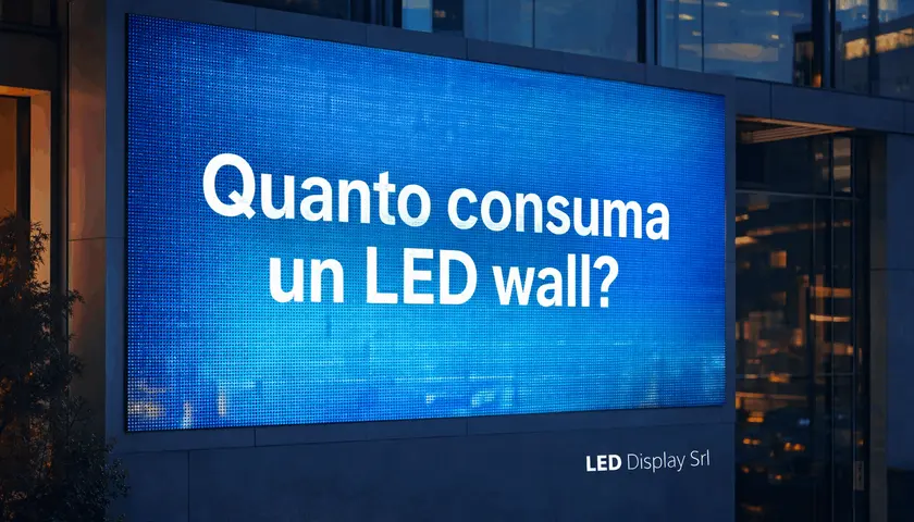 Schermo LED gigante con la domanda "Quanto consuma un LED wall?". Utile per chi vuole misurare consumo elettrico.