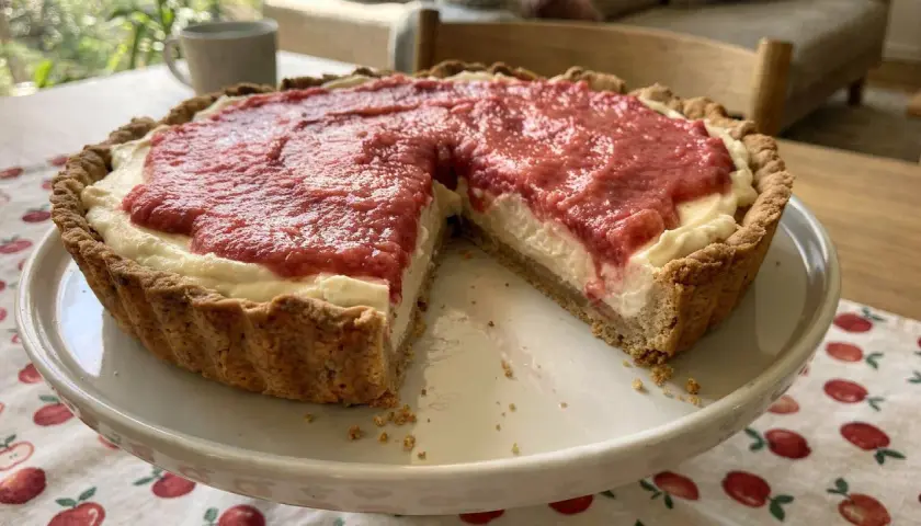 Pyszna tarta z rabarbarem, z kremowym nadzieniem i chrupiącym spodem, czeka na spróbowanie.