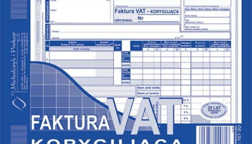 Formularz faktury korygującej VAT, zawierający pola do wpisania przyczyn korekty faktury, danych sprzedawcy i nabywcy, oraz szczegółów transakcji.