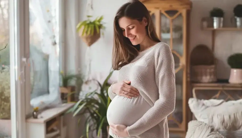 Uśmiechnięta ciężarna kobieta trzyma dłonie na brzuchu. Dba o zdrowie dziecka, przyjmując kwas foliowy metylowany.