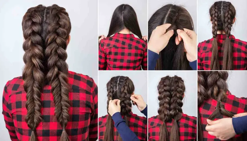 Tutorial paso a paso para hacer trenzas boxeadora. Cabello castaño dividido en dos secciones y trenzado.