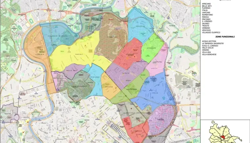Mappa del Municipio Roma II con i quartieri colorati: Flaminio, Parioli, Salario, Trieste, Nomentano, Villaggio Olimpico, Africano, Lanciani, Pinciano, Belle Arti, Valle Giulia, Verano, S. Lorenzo.
