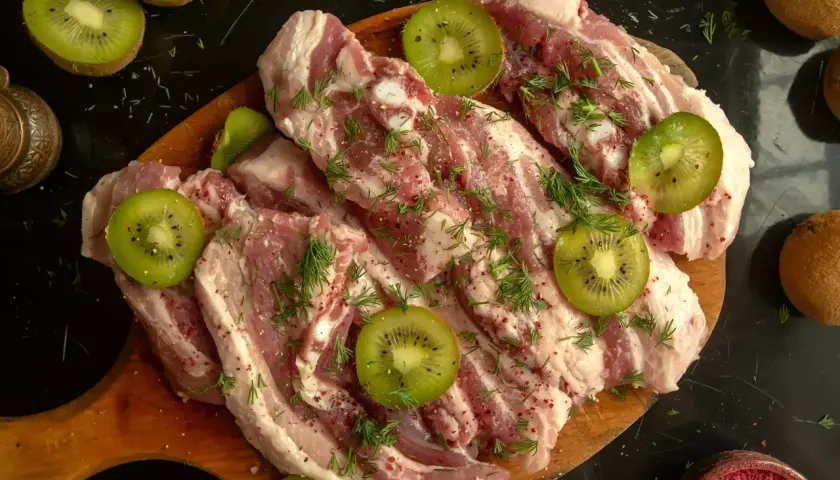 Marynowanie mięsa w kiwi i ananasie. Enzymy z owoców błyskawicznie kruszą białko, czyniąc mięso niezwykle delikatnym.