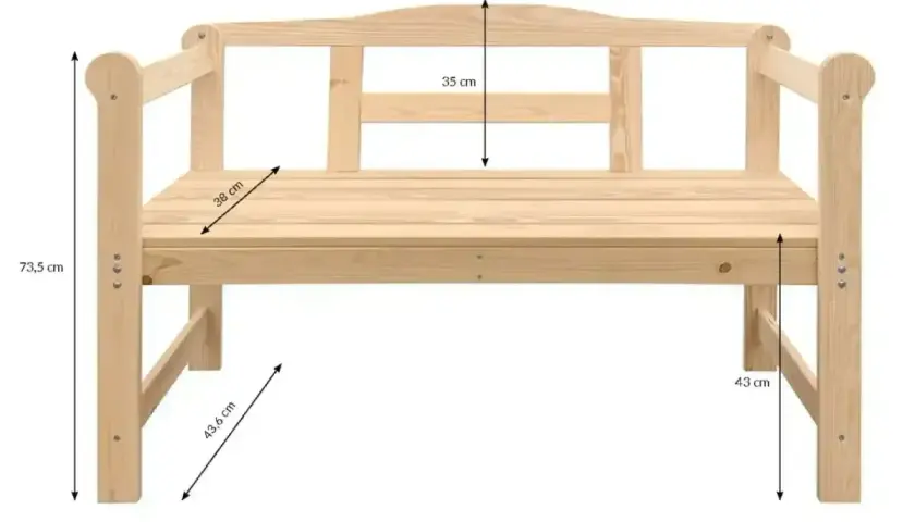 Drewniana ławka ogrodowa z widocznymi wymiarami: 118 cm szerokości, 73,5 cm wysokości całkowitej, 43 cm wysokości siedziska, 38 cm głębokości siedziska i 35 cm wysokości oparcia.
