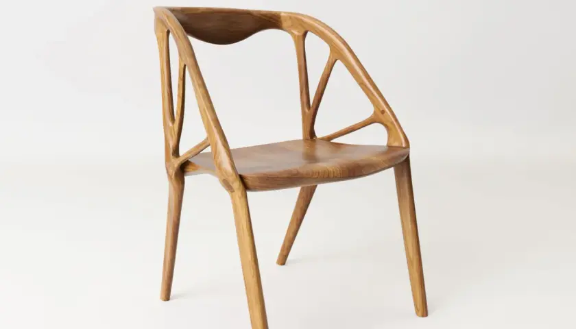 A modern wooden chair with an intricate, skeletal backrest. The chair building showcases organic curves and a light, airy design.