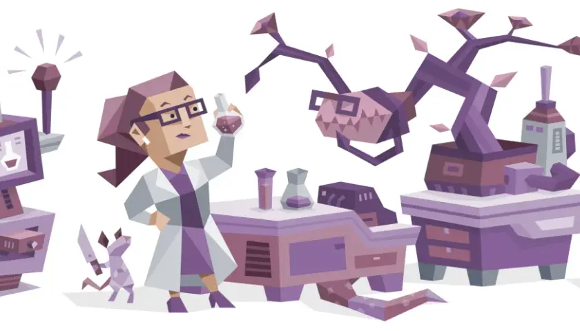 INTP w laboratorium tworzy dziwne mikstury. Obok niej robot i mały smok.