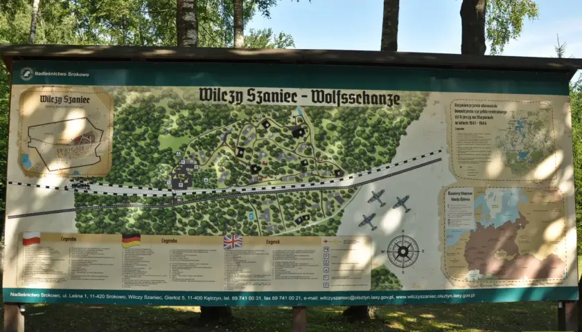 Mapa historycznego Wilczego Szańca, gdzie jest to dawne centrum dowodzenia III Rzeszy na Mazurach.