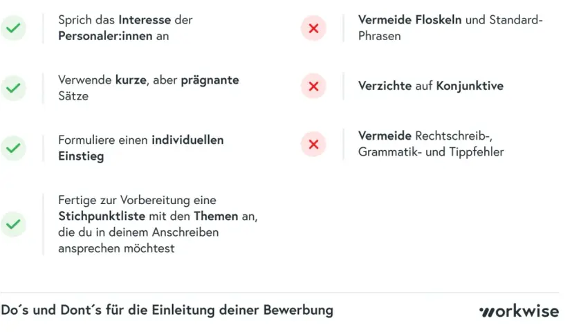 Tipps für die Einleitung deiner Bewerbung: Interesse wecken, prägnant formulieren, individuell gestalten. Vermeide Floskeln, Konjunktive und Fehler.