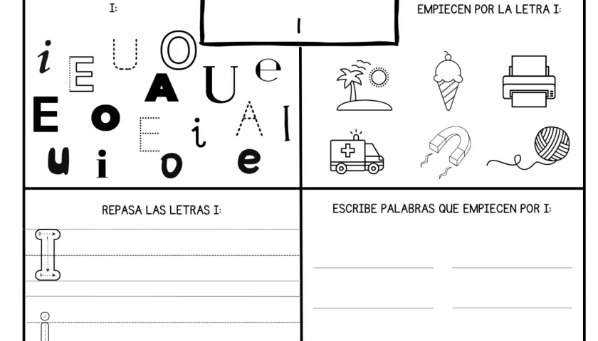 Hoja de actividades para niños sobre la letra i. Incluye ejercicios de identificación, coloreado y escritura de la letra i.