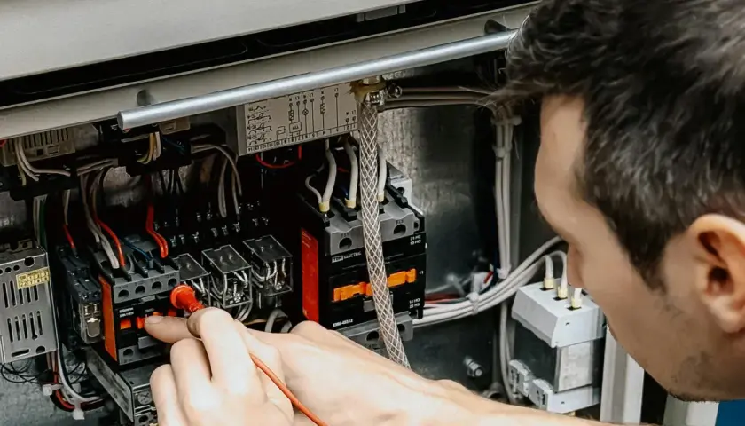 Elektryk mierzy napięcie w skrzynce z bezpiecznikami i przekaźnikami.