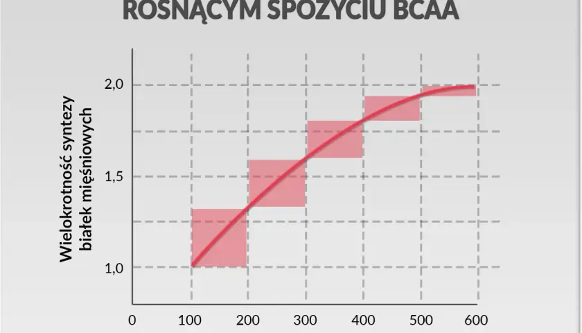 Wykres pokazuje, jak rosnący poziom leucyny, jednego z aminokwasów biogennych, wpływa na syntezę białek mięśniowych, ukazując malejące efekty anaboliczne.