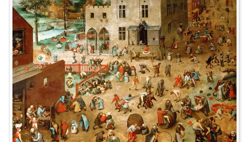 Un pueblo bullicioso lleno de niños jugando. Los juegos de niños de Brueghel muestran una escena caótica pero alegre con docenas de actividades.