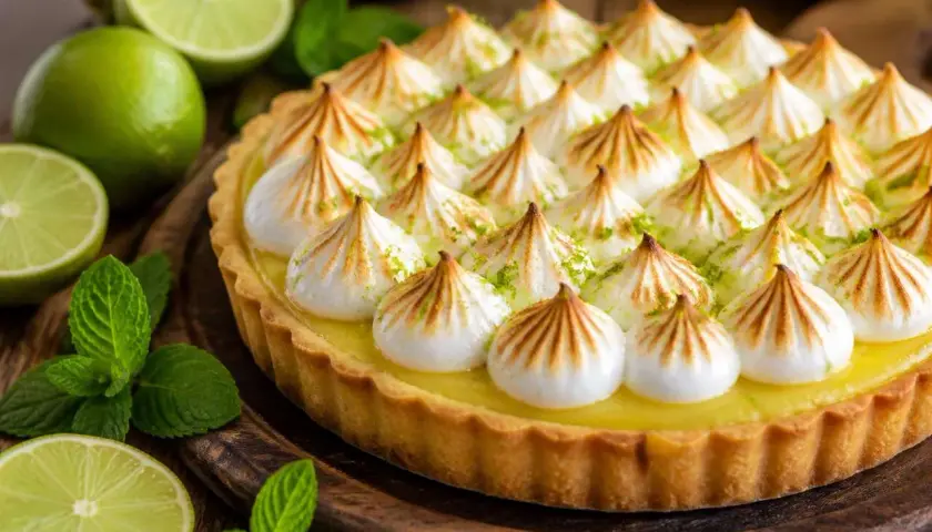 Une délicieuse tarte citron meringuée, garnie de pointes de meringue dorées et de zestes de citron vert, entourée de citrons frais et de feuilles de menthe.
