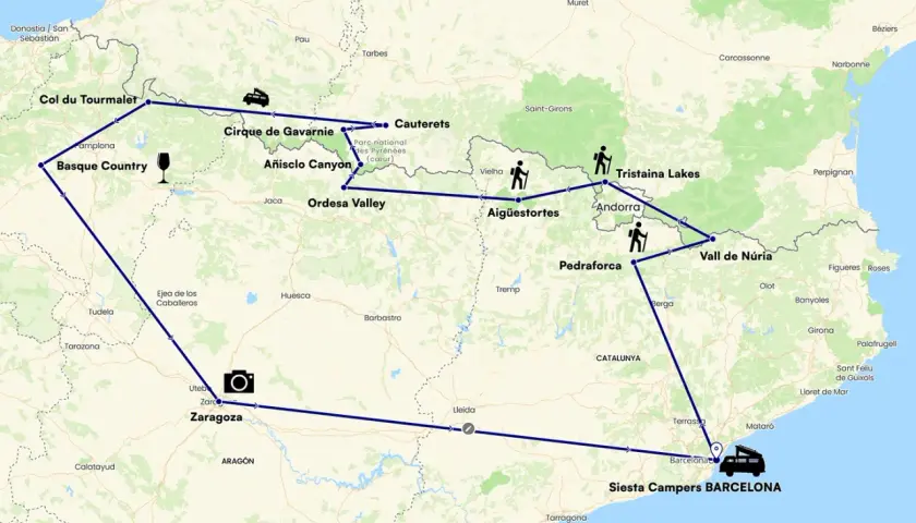 Mapa de una ruta por los Pirineos franceses y españoles, pasando por el País Vasco, el Cirque de Gavarnie, Ordesa y finalizando en Barcelona.