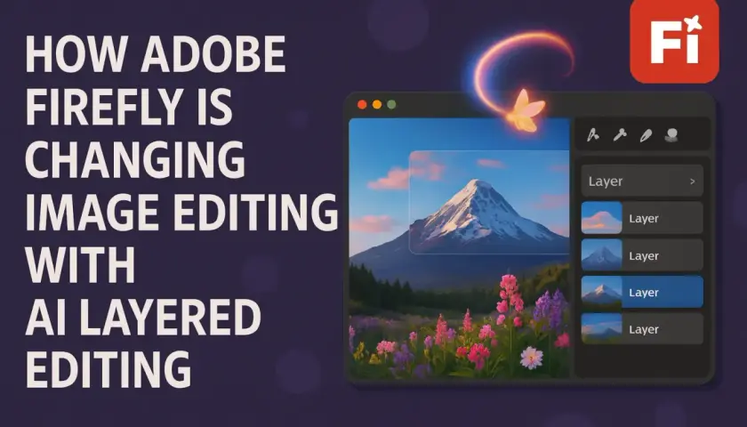 Adobe Firefly rewolucjonizuje edycję zdjęć dzięki AI. Widok warstw pokazuje, jak narzędzie ułatwia pracę z obrazem góry i kwiatów.