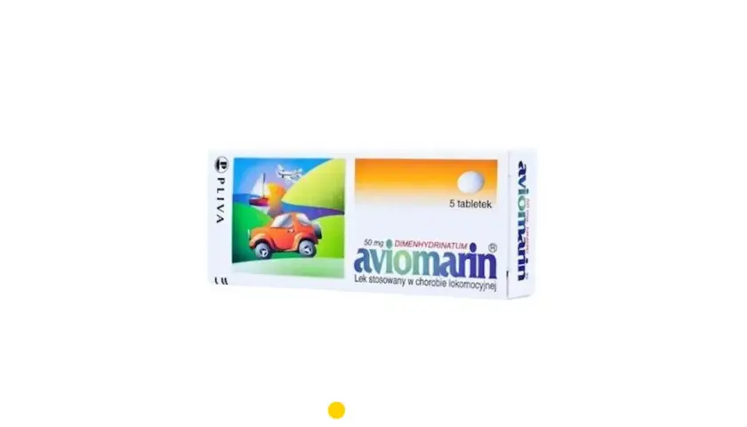 Opakowanie leku aviomarin z rysunkiem pomarańczowego autka, żaglowca i samolotu. 5 tabletek.