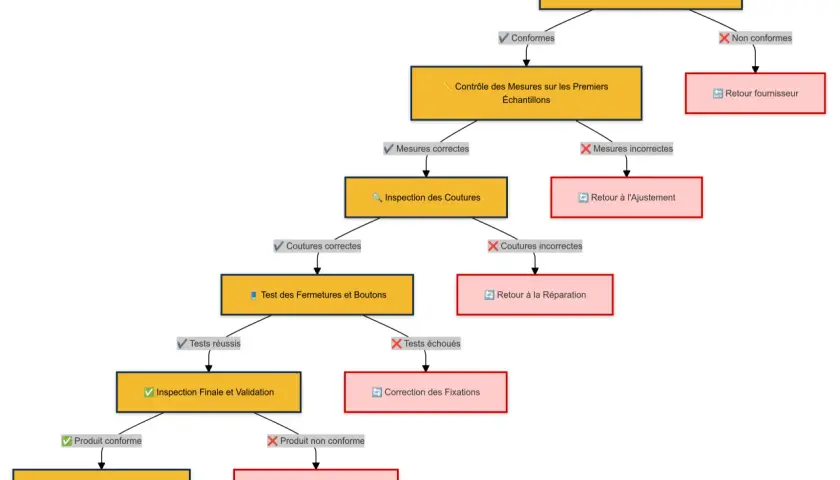 Diagramme de flux décrivant le processus de fabrication textile, de la réception des matières premières à l'appropriation pour livraison, incluant les contrôles qualité.
