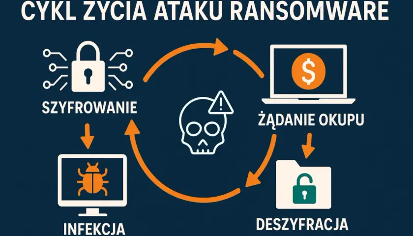 Cykl życia ataku ransomware: infekcja, szyfrowanie, żądanie okupu, deszyfracja. Złośliwe oprogramowanie blokuje dane.