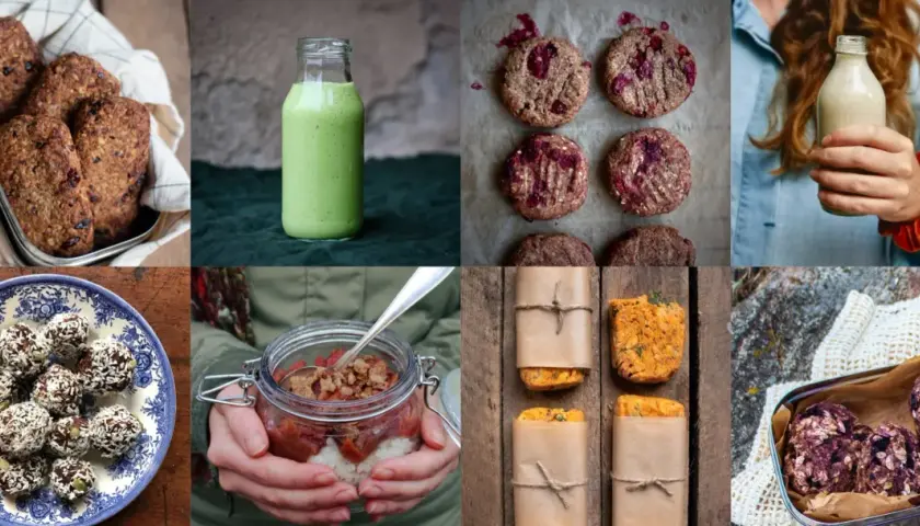 En samling av hälsosamma och goda mellanmål: energibollar, smoothies, kakor och bars. Perfekt för ett bra mellanmål när du är på språng.
