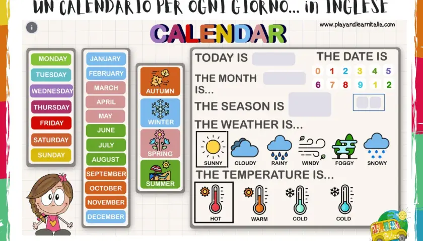 Calendario per imparare i mesi e i giorni in inglese. Include giorni della settimana, mesi, stagioni, meteo e temperature.