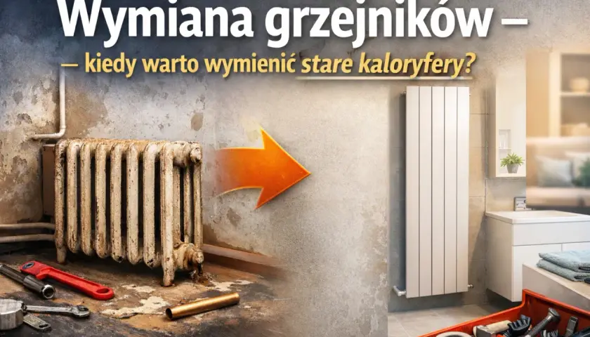 Stary, zardzewiały grzejnik obok nowego, białego. Wymiana grzejnika w bloku to klucz do komfortu. Narzędzia czekają.