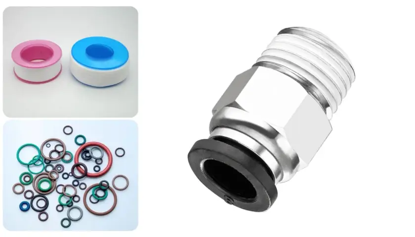 Cintas de teflón, juntas tóricas de colores y un accesorio roscado metálico, todos esenciales para uniones seguras.